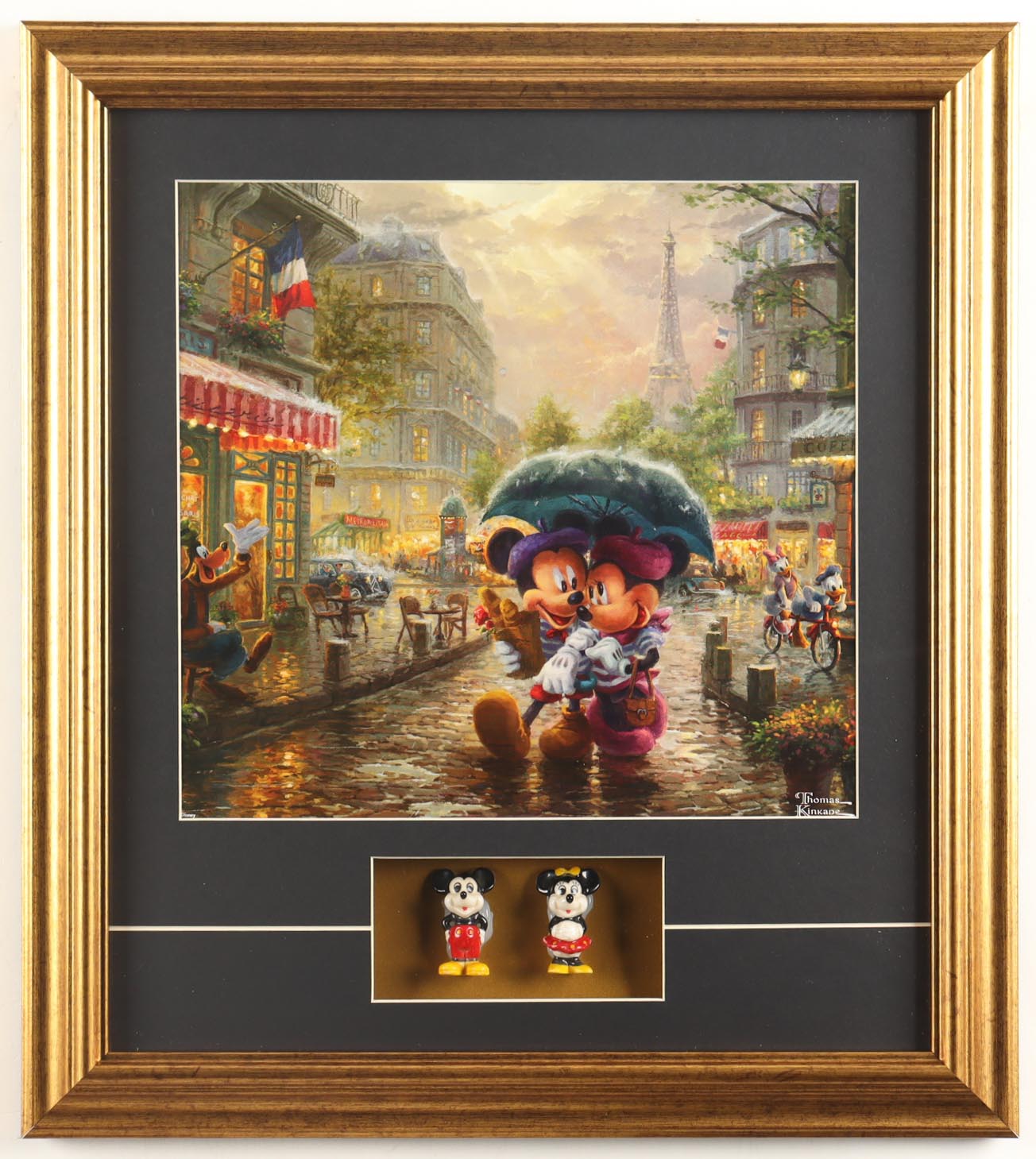 Thomas Kinkade Walt Disney's "Mickey & Minnie Mouse in Paris" Custom Framed Print Display with (2) Mickey & Minnie Figurines at PristineAuction.com Thomas Kinkade Walt Disney's "Mickey & Minnie Mouse in Paris" Custom Framed Print Display with (2) Mickey & Minnie Figurines at PristineAuction.com