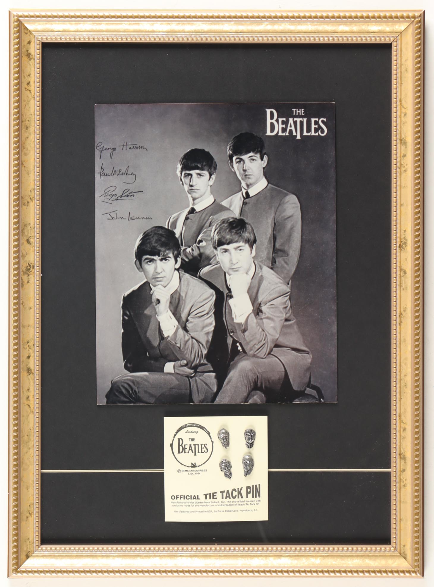 1964 The Beatles Black & White Custom Framed Print Display with Vintage 1965 Tie Tack Pin Set at PristineAuction.com 1964 The Beatles Black & White Custom Framed Print Display with Vintage 1965 Tie Tack Pin Set at PristineAuction.com