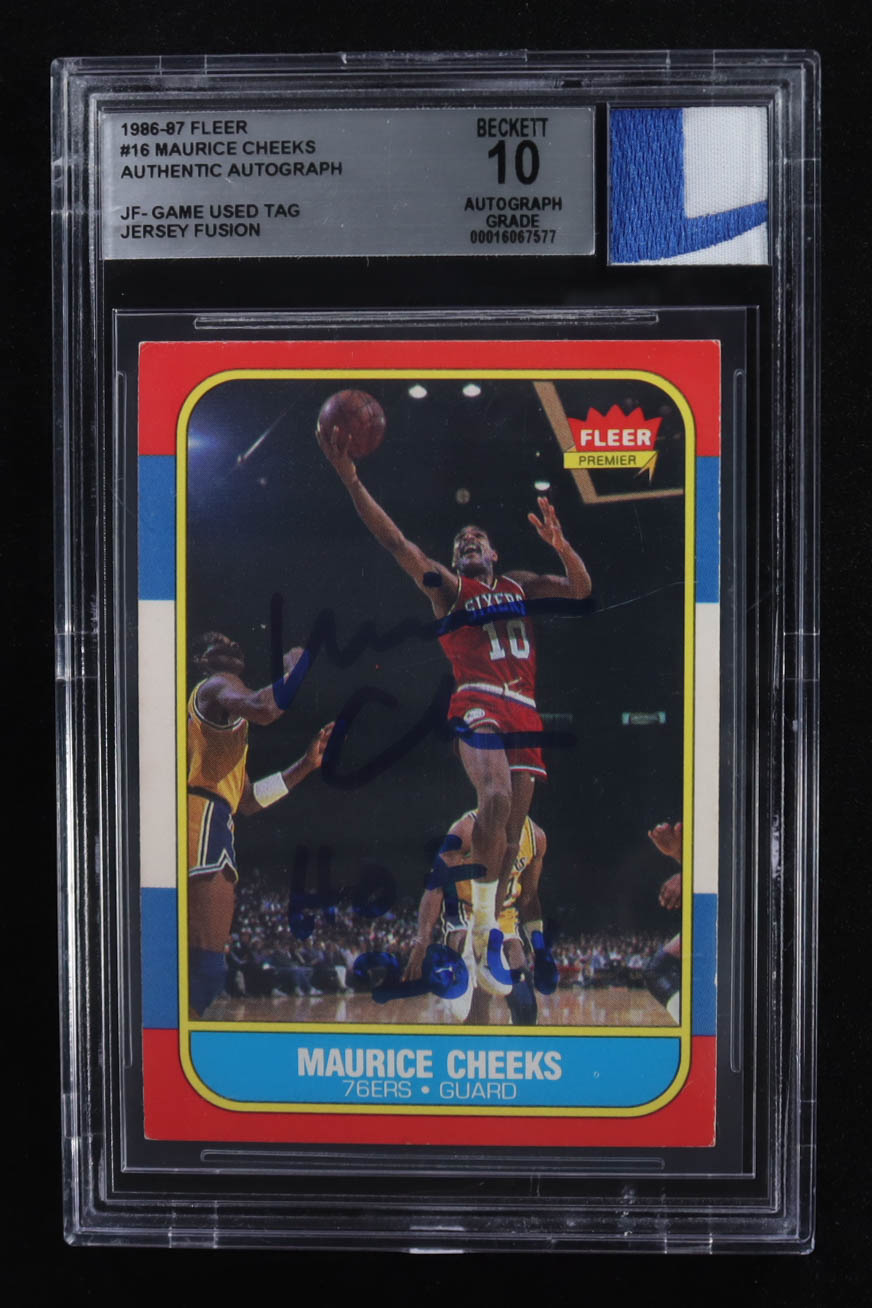 Maurice Cheeks Signed 1986-87 Fleer #16 Inscribed "HOF 2018" with Game-Used Jersey Piece (BGS | Auto Grade 10) at PristineAuction.com Maurice Cheeks Signed 1986-87 Fleer #16 Inscribed "HOF 2018" with Game-Used Jersey Piece (BGS | Auto Grade 10) at PristineAuction.com