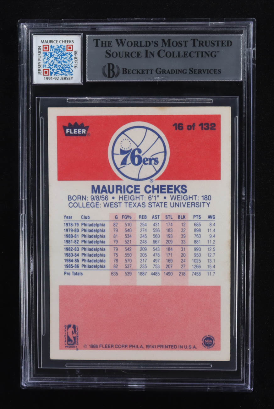 Maurice Cheeks Signed 1986-87 Fleer #16 Inscribed "HOF 2018" with Game-Used Jersey Piece (BGS | Auto Grade 10) at PristineAuction.com Maurice Cheeks Signed 1986-87 Fleer #16 Inscribed "HOF 2018" with Game-Used Jersey Piece (BGS | Auto Grade 10) at PristineAuction.com