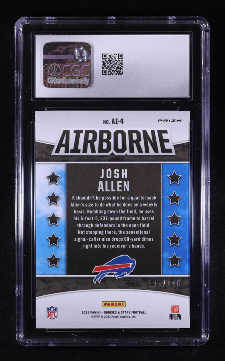 Josh Allen 2023 Panini Rookies & Stars Airborne White #AI-4 #145/149 (CGC 10) at PristineAuction.com Josh Allen 2023 Panini Rookies & Stars Airborne White #AI-4 #145/149 (CGC 10) at PristineAuction.com