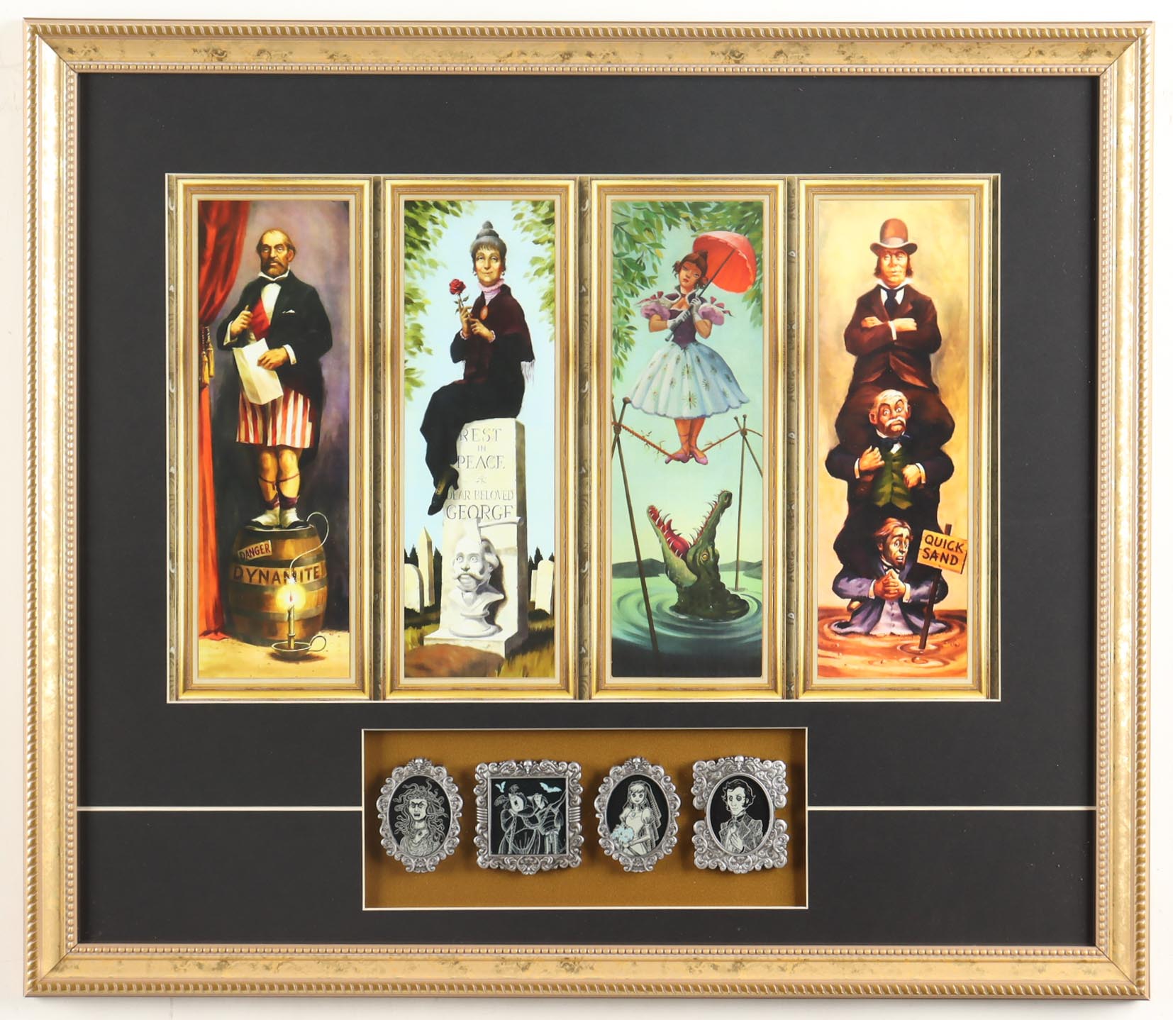 Disneyland "Haunted Mansion" Stretch Room Custom Framed Art Print Display with Set of (4) Souvenir Mansion Plaques at PristineAuction.com Disneyland "Haunted Mansion" Stretch Room Custom Framed Art Print Display with Set of (4) Souvenir Mansion Plaques at PristineAuction.com