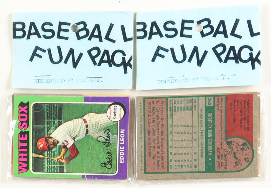1975 Topps Baseball Cello Fun Pack Vending Box with (20) Packs at PristineAuction.com 1975 Topps Baseball Cello Fun Pack Vending Box with (20) Packs at PristineAuction.com