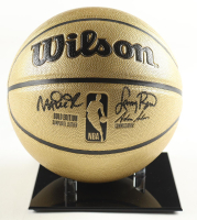 Larry Bird & Magic Johnson Signed NBA Basketball With Display Stand (PSA & Beckett) at PristineAuction.com