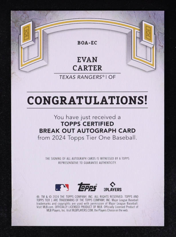 Evan Carter 2024 Topps Tier One Break Out Autographs #BOAEC #252/299 RC at PristineAuction.com Evan Carter 2024 Topps Tier One Break Out Autographs #BOAEC #252/299 RC at PristineAuction.com