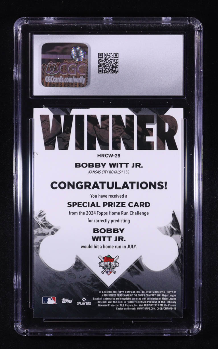 Bobby Witt Jr. 2024 Topps Home Run Challenge Winner July #HRCW-29 #1722/1857 (CGC 10) at PristineAuction.com Bobby Witt Jr. 2024 Topps Home Run Challenge Winner July #HRCW-29 #1722/1857 (CGC 10) at PristineAuction.com