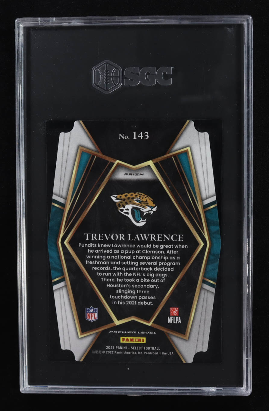 Trevor Lawrence 2021 Select Prizm Red & Blue Die Cut #143 RC (SGC 9.5) at PristineAuction.com Trevor Lawrence 2021 Select Prizm Red & Blue Die Cut #143 RC (SGC 9.5) at PristineAuction.com