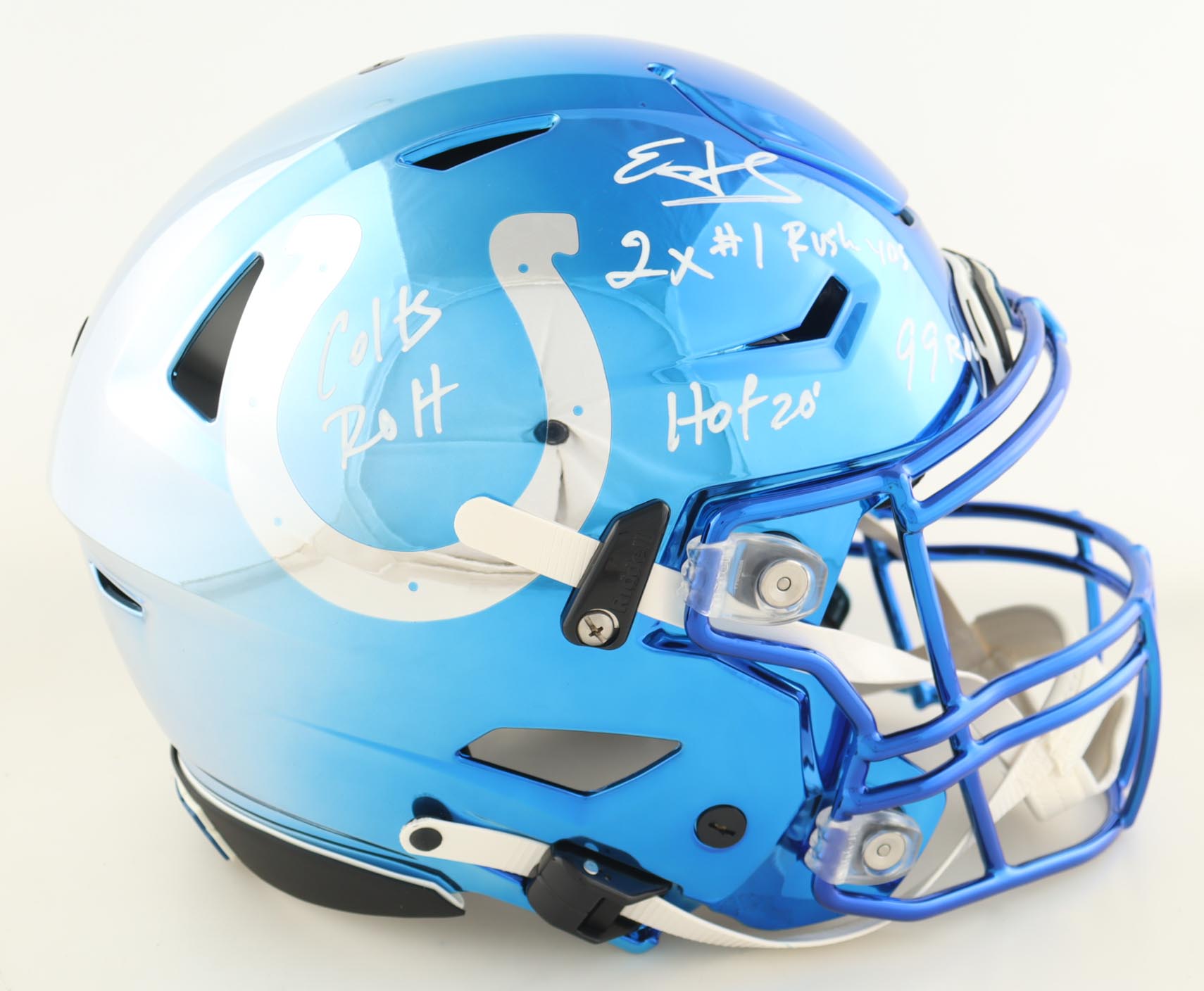 Edgerrin James Signed Colts Full-Size Authentic On-Field Chrome Alternate SpeedFlex Helmet Inscribed "Colts ROH", "2x #1 Rush Yds, "99 ROY", & "HOF 20" (Beckett) at PristineAuction.com Edgerrin James Signed Colts Full-Size Authentic On-Field Chrome Alternate SpeedFlex Helmet Inscribed "Colts ROH", "2x #1 Rush Yds, "99 ROY", & "HOF 20" (Beckett) at PristineAuction.com