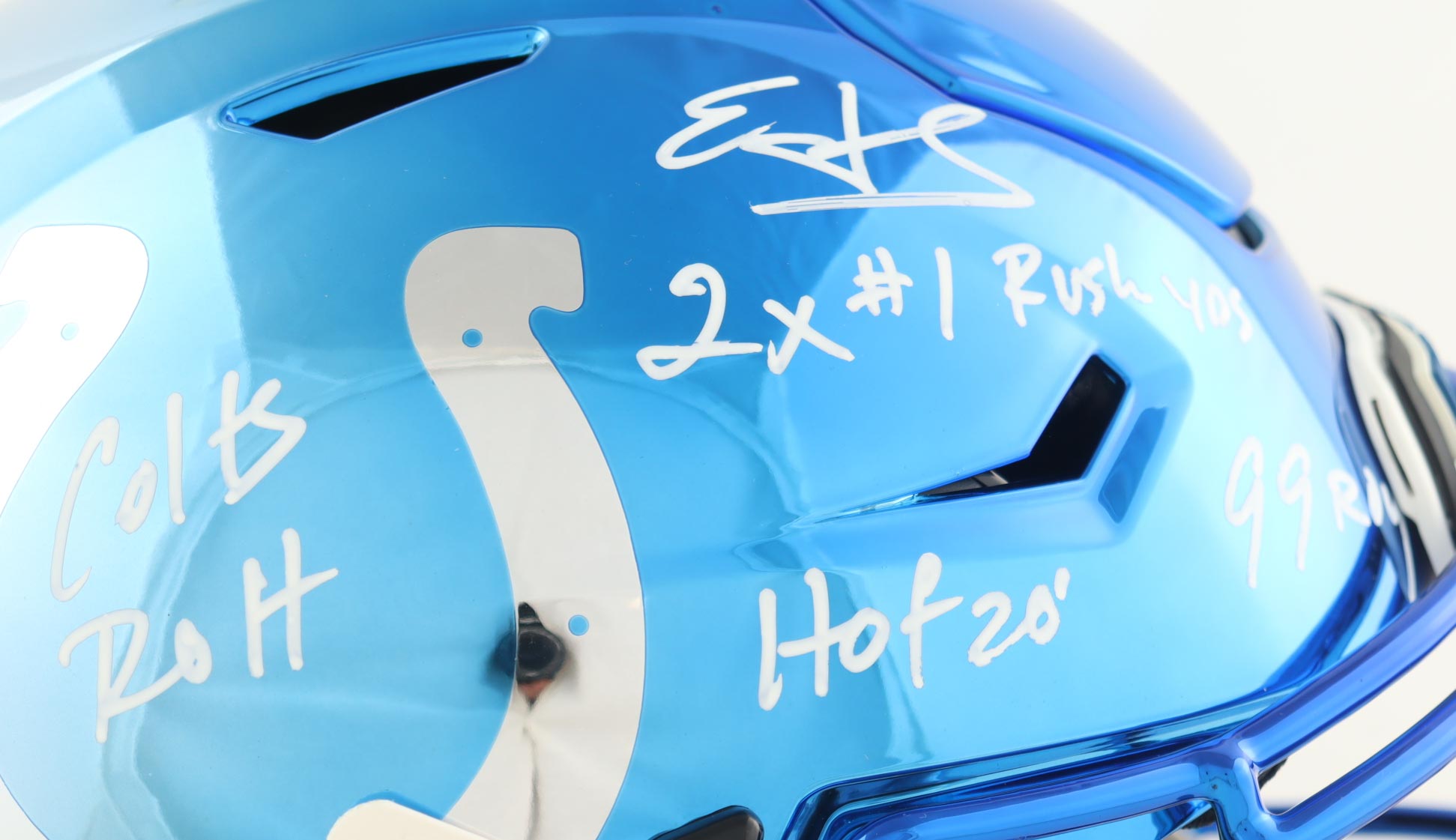 Edgerrin James Signed Colts Full-Size Authentic On-Field Chrome Alternate SpeedFlex Helmet Inscribed "Colts ROH", "2x #1 Rush Yds, "99 ROY", & "HOF 20" (Beckett) at PristineAuction.com Edgerrin James Signed Colts Full-Size Authentic On-Field Chrome Alternate SpeedFlex Helmet Inscribed "Colts ROH", "2x #1 Rush Yds, "99 ROY", & "HOF 20" (Beckett) at PristineAuction.com