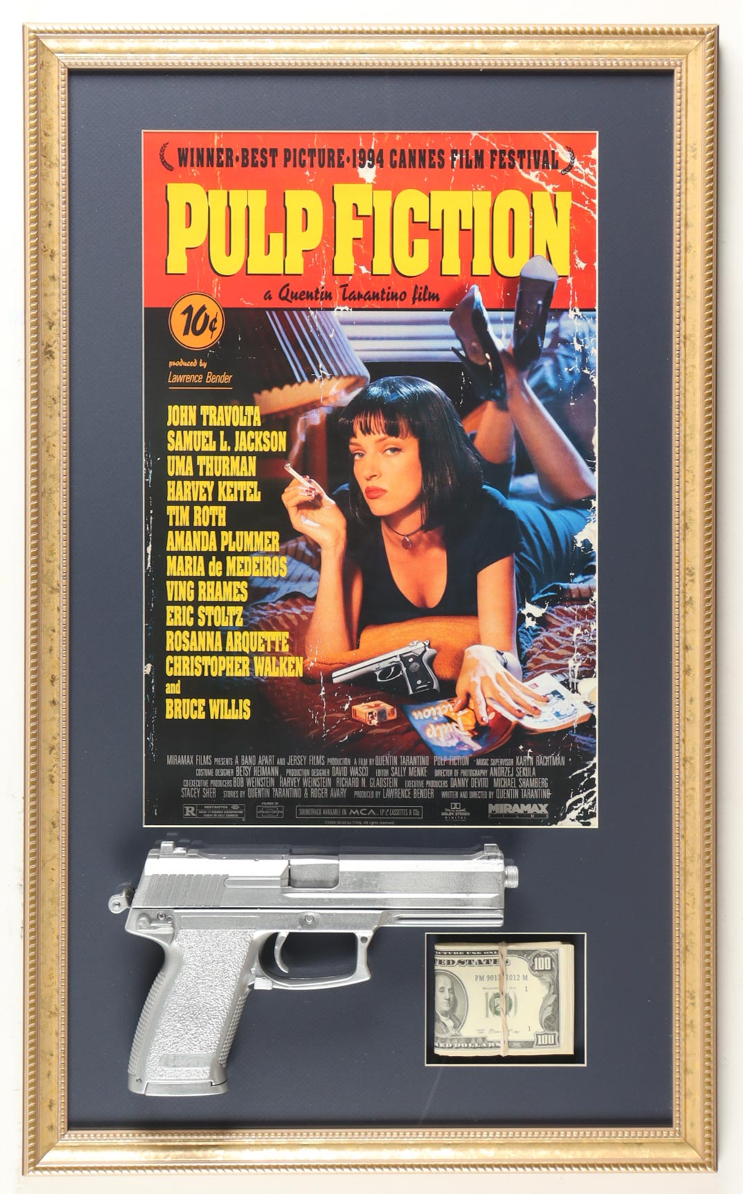 "Pulp Fiction" Custom Framed Photo Display with Prop Replica & Prop Money Stack at PristineAuction.com "Pulp Fiction" Custom Framed Photo Display with Prop Replica & Prop Money Stack at PristineAuction.com