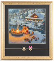 Thomas Kinkade "Mickey & Minnie Mouse Christmas by the Campfire" Custom Framed Print Display with Mickey & Minnie Mouse Pins at PristineAuction.com