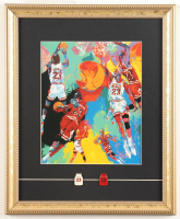 Michael Jordan Custom Framed Leroy Neiman Art Print Display with (2) Jordan Jersey Pins at PristineAuction.com