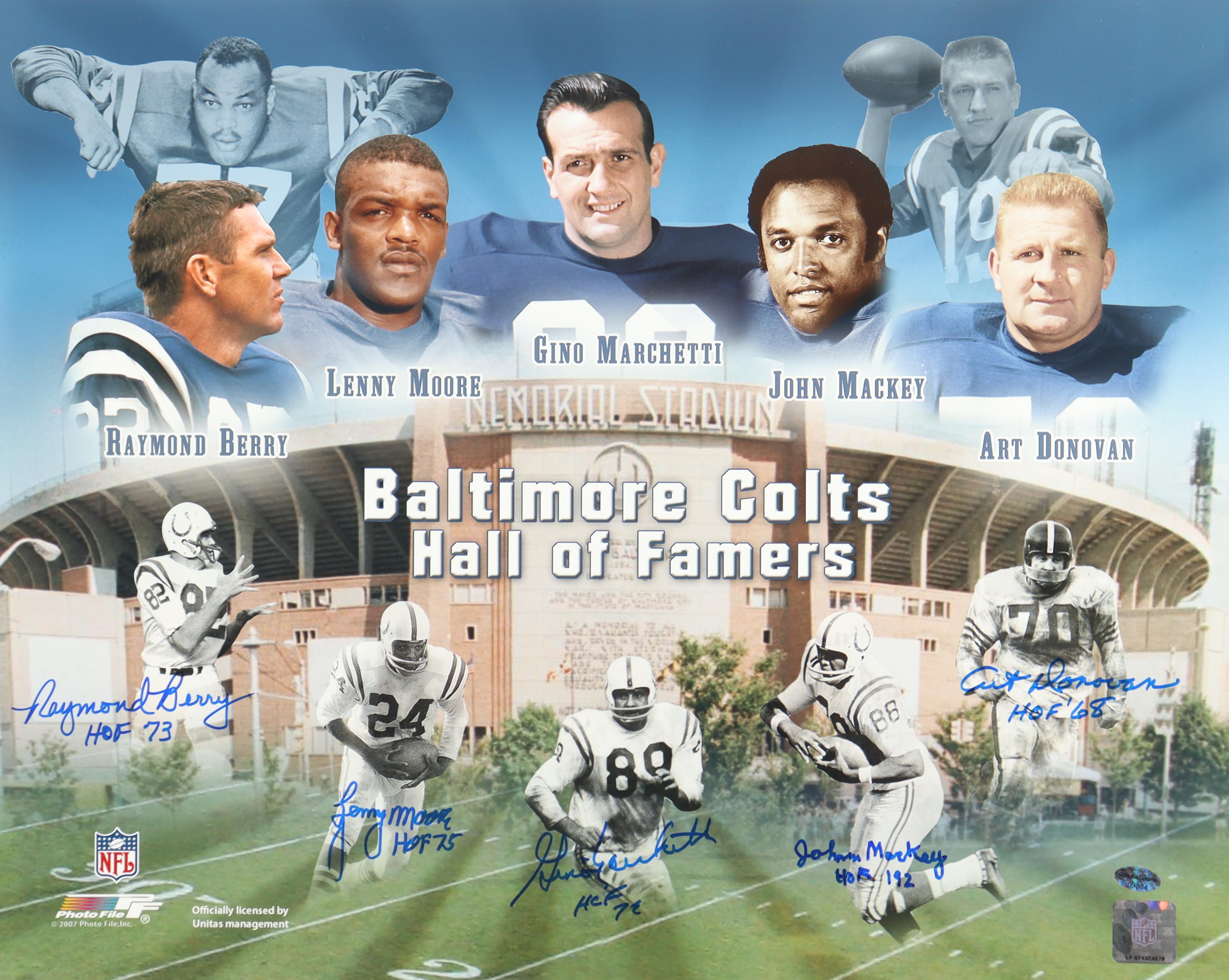 Colts Hall of Famers 16x20 Photo Signed by (5) With Raymond Berry, Lenny Moore, Gino Marchetti, John Mackey with HOF Inscriptions (Schulte) at PristineAuction.com Colts Hall of Famers 16x20 Photo Signed by (5) With Raymond Berry, Lenny Moore, Gino Marchetti, John Mackey with HOF Inscriptions (Schulte) at PristineAuction.com