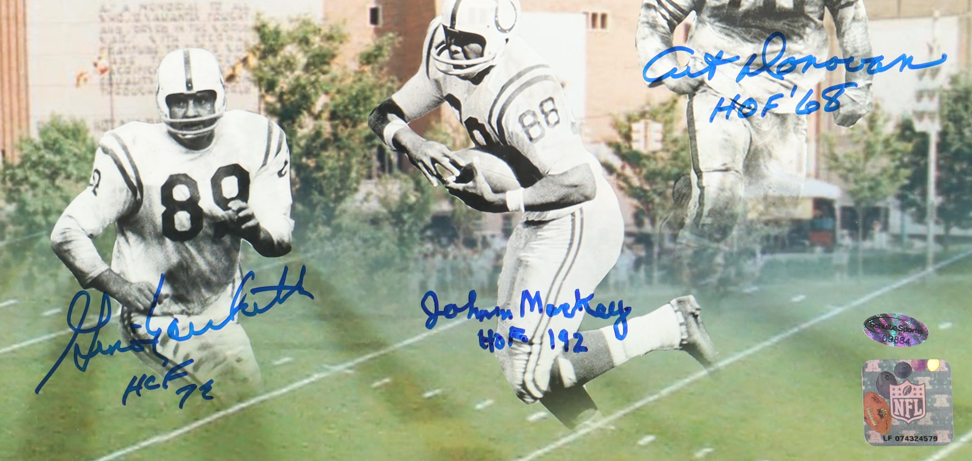 Colts Hall of Famers 16x20 Photo Signed by (5) With Raymond Berry, Lenny Moore, Gino Marchetti, John Mackey with HOF Inscriptions (Schulte) at PristineAuction.com Colts Hall of Famers 16x20 Photo Signed by (5) With Raymond Berry, Lenny Moore, Gino Marchetti, John Mackey with HOF Inscriptions (Schulte) at PristineAuction.com