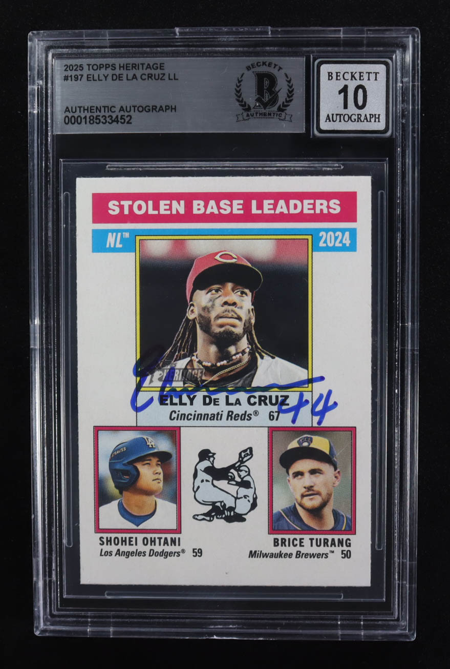 Elly De La Cruz Signed 2025 Topps Heritage Stolen Base Leaders #197 (Beckett | Auto Grade BGS 10) at PristineAuction.com Elly De La Cruz Signed 2025 Topps Heritage Stolen Base Leaders #197 (Beckett | Auto Grade BGS 10) at PristineAuction.com