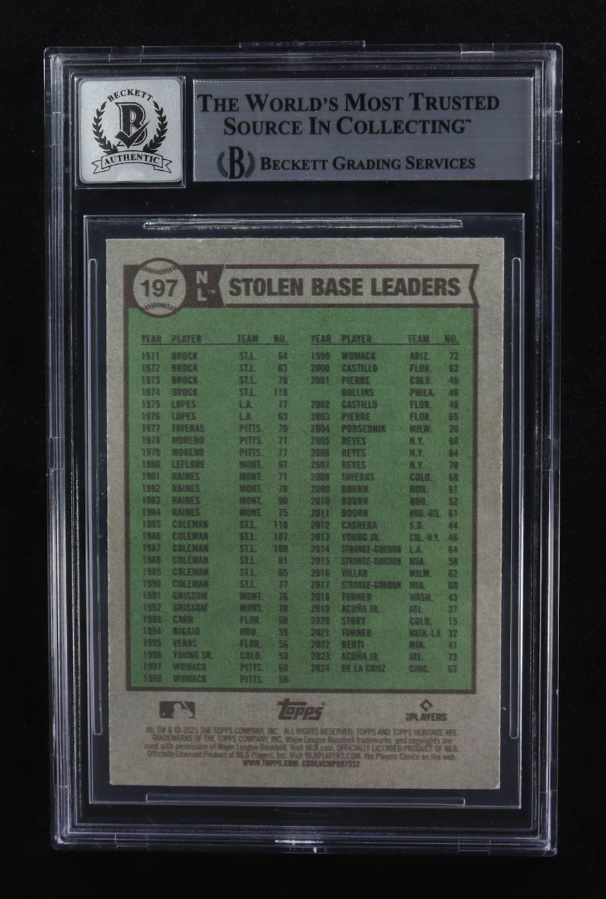Elly De La Cruz Signed 2025 Topps Heritage Stolen Base Leaders #197 (Beckett | Auto Grade BGS 10) at PristineAuction.com Elly De La Cruz Signed 2025 Topps Heritage Stolen Base Leaders #197 (Beckett | Auto Grade BGS 10) at PristineAuction.com