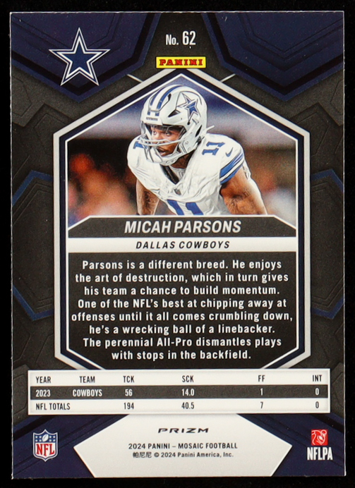 Micah Parsons 2024 Panini Mosaic Mosaic Genesis #62 at PristineAuction.com Micah Parsons 2024 Panini Mosaic Mosaic Genesis #62 at PristineAuction.com