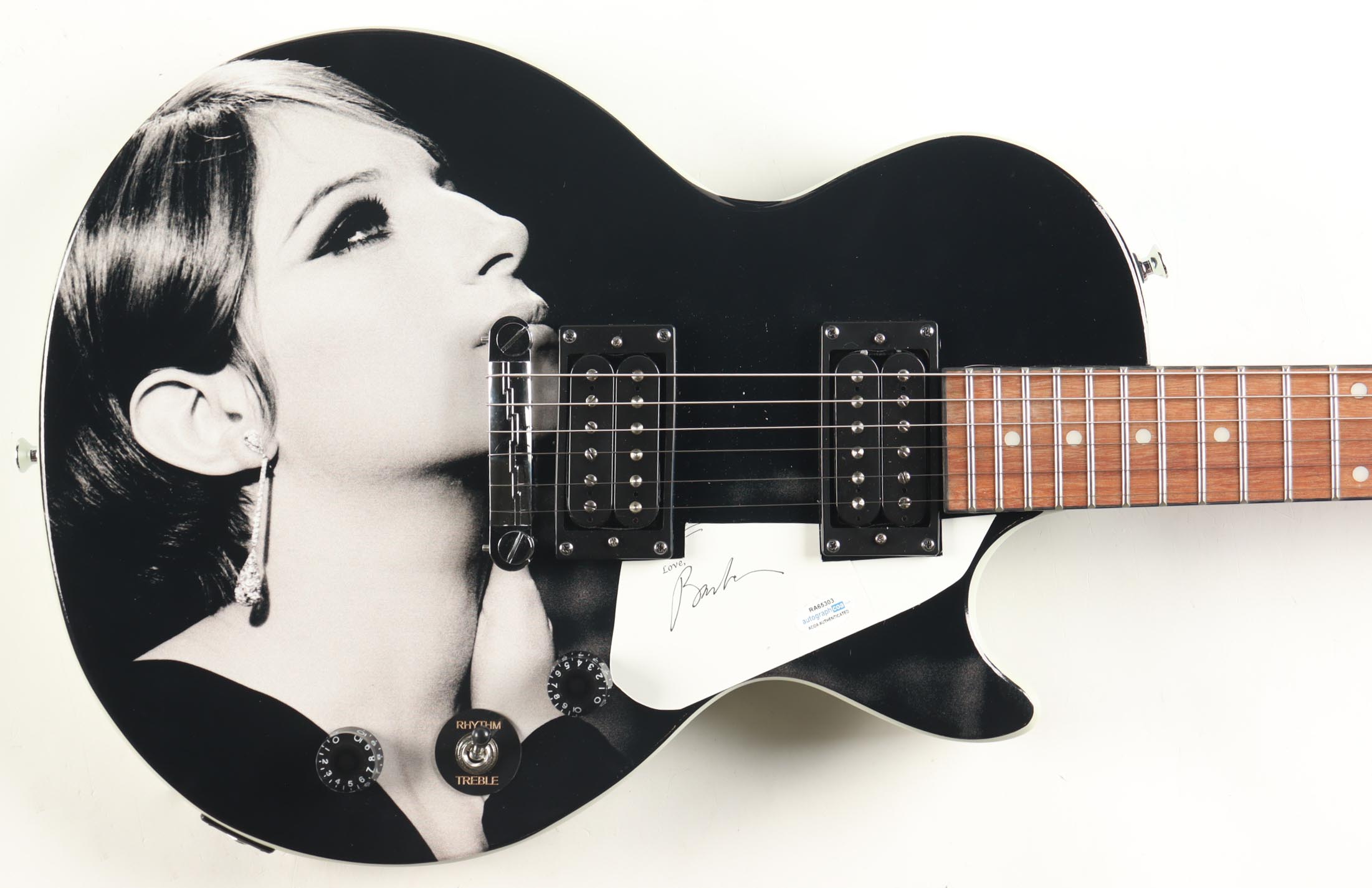Barbra Streisand Guitar with Signed Custom Insert Pickguard (AutographCOA & Real) at PristineAuction.com Barbra Streisand Guitar with Signed Custom Insert Pickguard (AutographCOA & Real) at PristineAuction.com