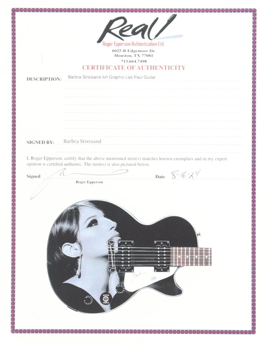 Barbra Streisand Guitar with Signed Custom Insert Pickguard (AutographCOA & Real) at PristineAuction.com Barbra Streisand Guitar with Signed Custom Insert Pickguard (AutographCOA & Real) at PristineAuction.com