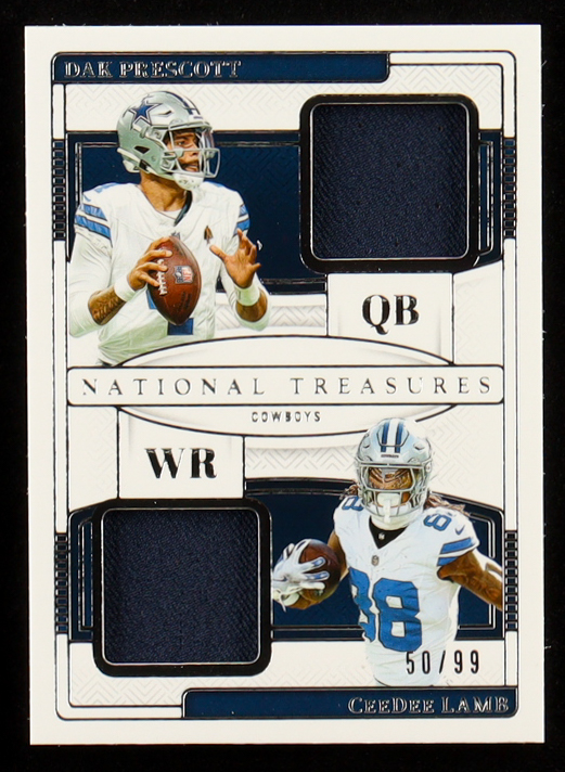 Dak Prescott / CeeDee Lamb 2024 Panini National Treasures NFL Gear Combo Materials #8 #50/99 at PristineAuction.com Dak Prescott / CeeDee Lamb 2024 Panini National Treasures NFL Gear Combo Materials #8 #50/99 at PristineAuction.com