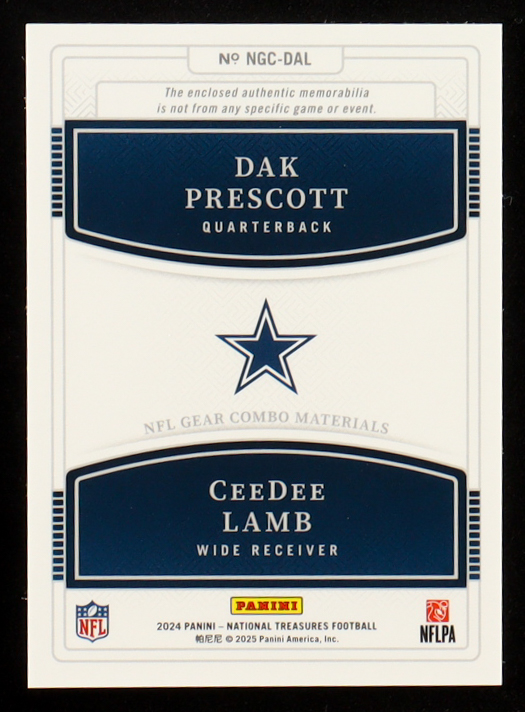 Dak Prescott / CeeDee Lamb 2024 Panini National Treasures NFL Gear Combo Materials #8 #50/99 at PristineAuction.com Dak Prescott / CeeDee Lamb 2024 Panini National Treasures NFL Gear Combo Materials #8 #50/99 at PristineAuction.com