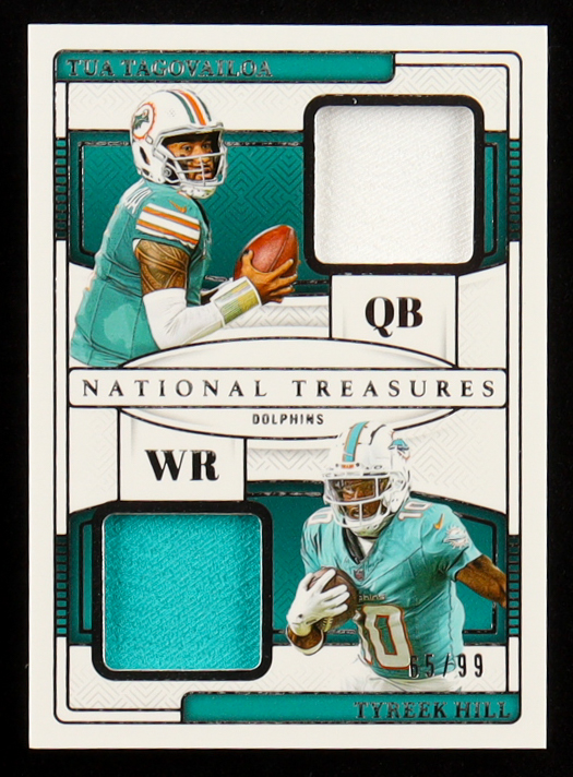 Tua Tagovailoa / Tyreek Hill 2024 Panini National Treasures NFL Gear Combo Materials #19 #65/99 at PristineAuction.com Tua Tagovailoa / Tyreek Hill 2024 Panini National Treasures NFL Gear Combo Materials #19 #65/99 at PristineAuction.com