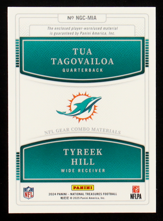 Tua Tagovailoa / Tyreek Hill 2024 Panini National Treasures NFL Gear Combo Materials #19 #65/99 at PristineAuction.com Tua Tagovailoa / Tyreek Hill 2024 Panini National Treasures NFL Gear Combo Materials #19 #65/99 at PristineAuction.com