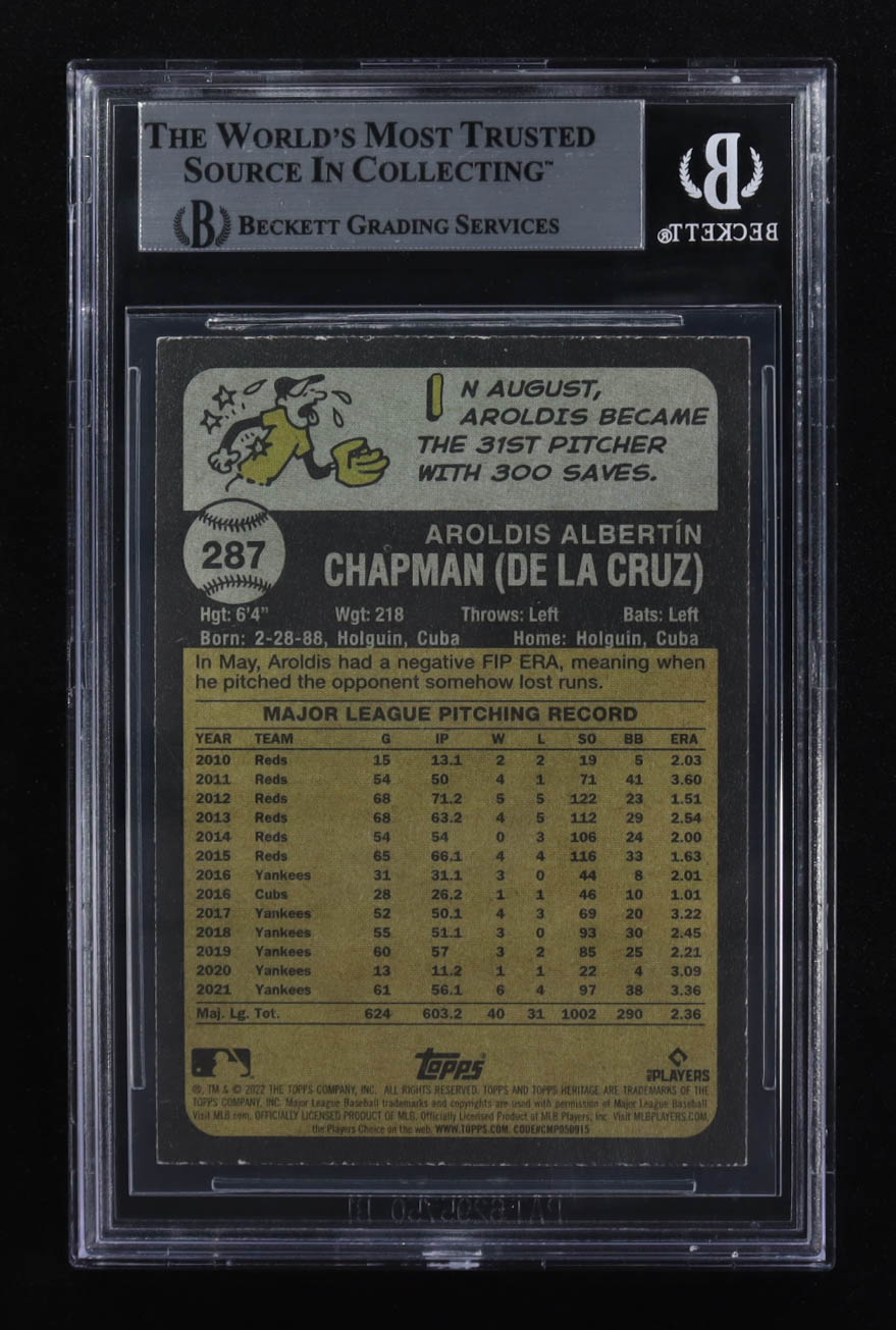 Aroldis Chapman Signed 2022 Topps Heritage #287 (Beckett | Auto Grade BGS Authentic) at PristineAuction.com Aroldis Chapman Signed 2022 Topps Heritage #287 (Beckett | Auto Grade BGS Authentic) at PristineAuction.com