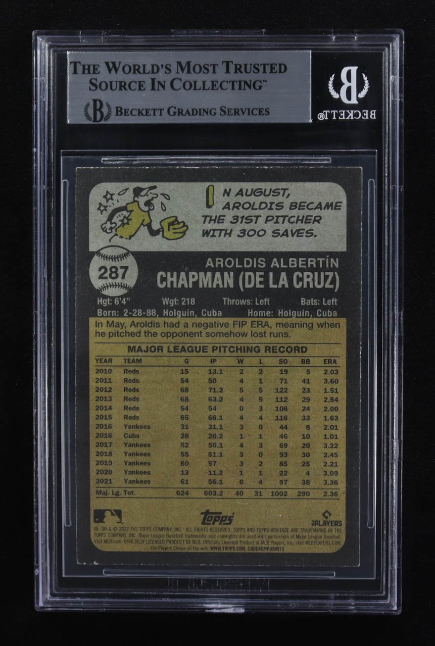Aroldis Chapman Signed 2022 Topps Heritage #287 (Beckett | Auto Grade BGS Authentic) at PristineAuction.com Aroldis Chapman Signed 2022 Topps Heritage #287 (Beckett | Auto Grade BGS Authentic) at PristineAuction.com