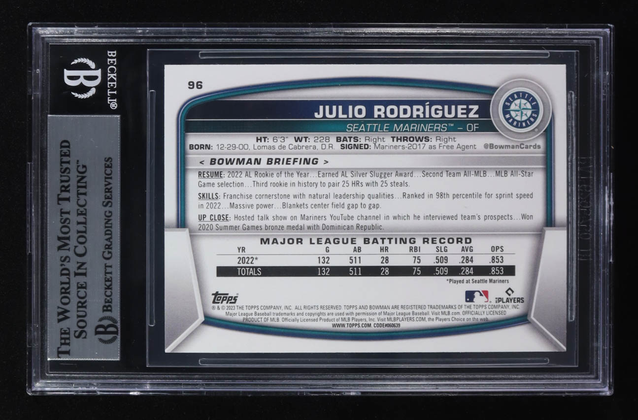 Julio Rodriguez Signed 2023 Bowman #96 (Beckett | Auto Grade BGS Authentic) at PristineAuction.com Julio Rodriguez Signed 2023 Bowman #96 (Beckett | Auto Grade BGS Authentic) at PristineAuction.com