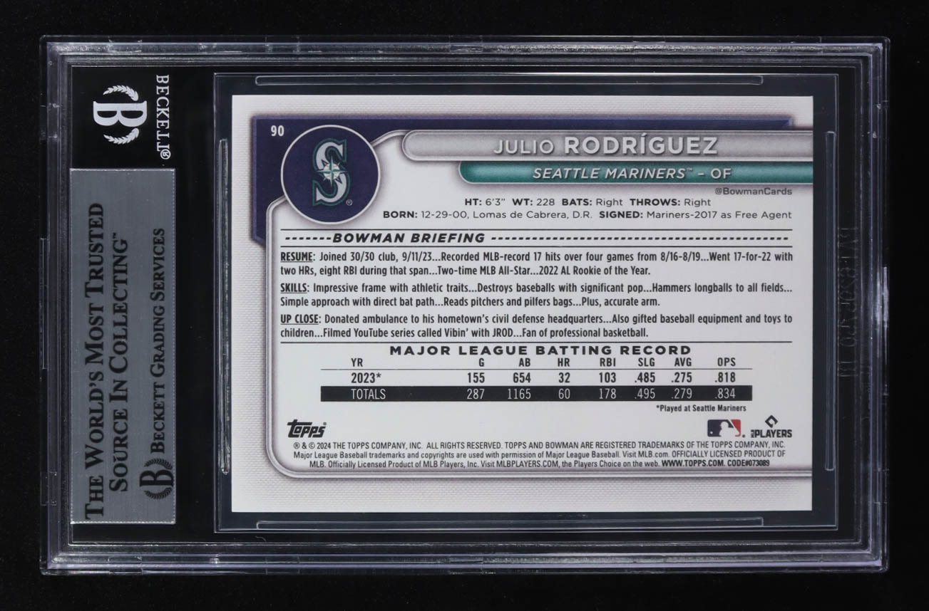 Julio Rodriguez Signed 2024 Bowman #90 (Beckett | Auto Grade BGS Authentic) at PristineAuction.com Julio Rodriguez Signed 2024 Bowman #90 (Beckett | Auto Grade BGS Authentic) at PristineAuction.com