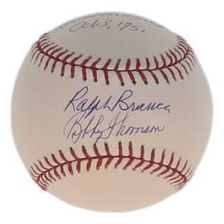 Ralph Branca & Bobby Thomson Signed OML Baseball Inscribed "The Shot Heard 'Round The World" & "Oct. 3, 1951" (JSA) at PristineAuction.com Ralph Branca & Bobby Thomson Signed OML Baseball Inscribed "The Shot Heard 'Round The World" & "Oct. 3, 1951" (JSA) at PristineAuction.com