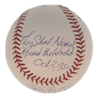 Ralph Branca & Bobby Thomson Signed OML Baseball Inscribed "The Shot Heard 'Round The World" & "Oct. 3, 1951" (JSA) at PristineAuction.com Ralph Branca & Bobby Thomson Signed OML Baseball Inscribed "The Shot Heard 'Round The World" & "Oct. 3, 1951" (JSA) at PristineAuction.com