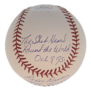 Ralph Branca & Bobby Thomson Signed OML Baseball Inscribed "The Shot Heard 'Round The World" & "Oct. 3, 1951" (JSA) at PristineAuction.com Ralph Branca & Bobby Thomson Signed OML Baseball Inscribed "The Shot Heard 'Round The World" & "Oct. 3, 1951" (JSA) at PristineAuction.com