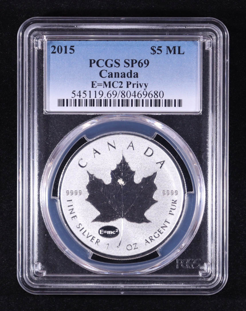 2015 Canada $5 Maple Leaf, E=MC² Privy - 1oz .9999 Fine Silver Coin (PCGS SP69) at PristineAuction.com 2015 Canada $5 Maple Leaf, E=MC² Privy - 1oz .9999 Fine Silver Coin (PCGS SP69) at PristineAuction.com