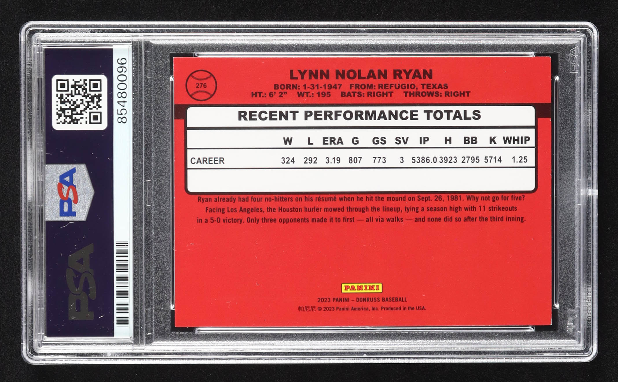Nolan Ryan Signed 2023 Donruss #276 RETRO (PSA | Auto 10) at PristineAuction.com Nolan Ryan Signed 2023 Donruss #276 RETRO (PSA | Auto 10) at PristineAuction.com