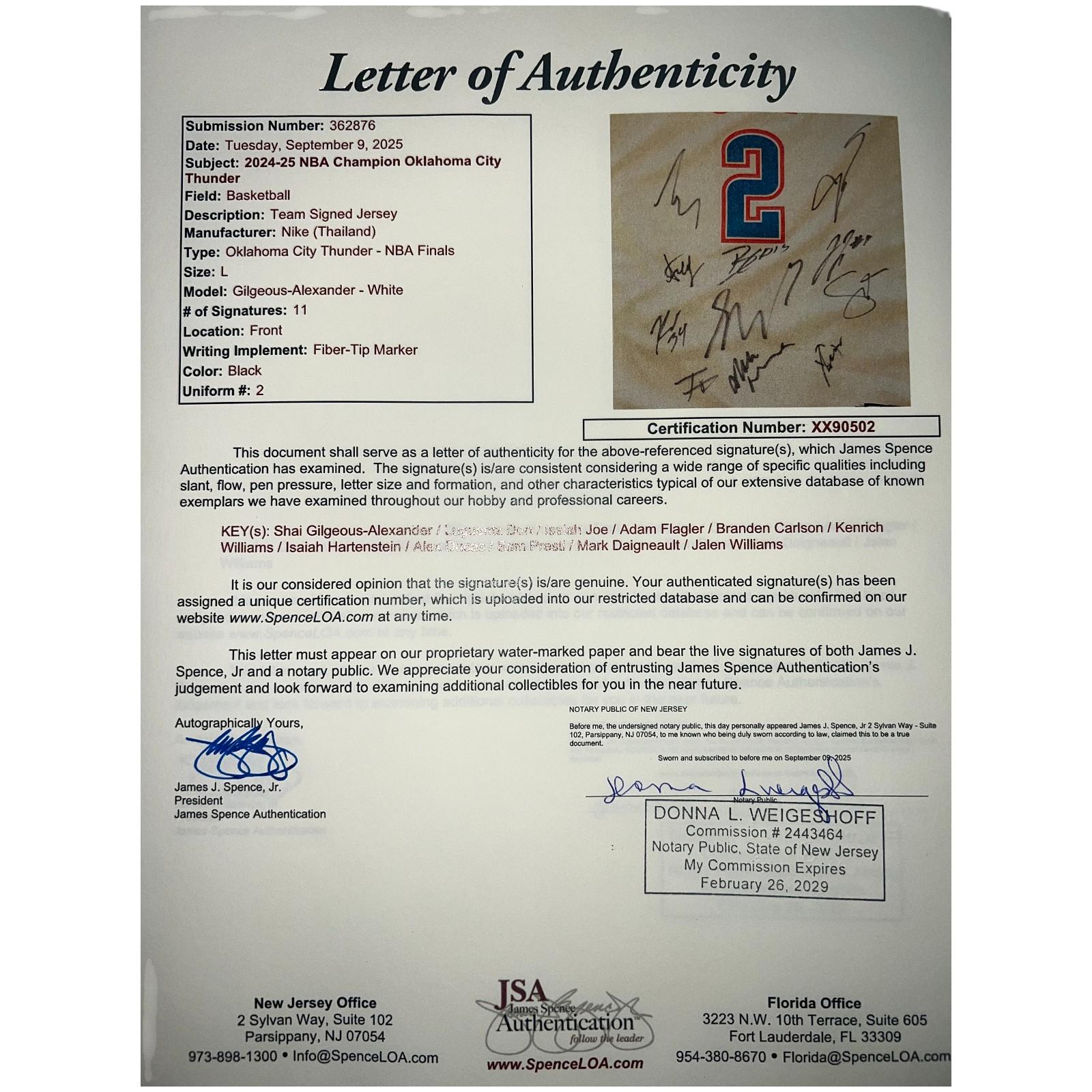 Shai Gilgeous-Alexander, Jalen Williams, Luguentz Dort | 2025 NBA Champions Thunder Nike Authentic Jersey Team-Signed By (11) (JSA) at PristineAuction.com Shai Gilgeous-Alexander, Jalen Williams, Luguentz Dort | 2025 NBA Champions Thunder Nike Authentic Jersey Team-Signed By (11) (JSA) at PristineAuction.com