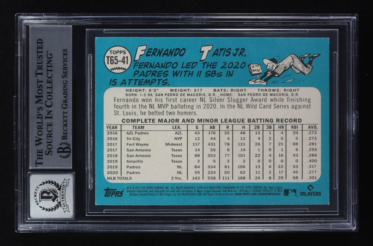 Fernando Tatis Jr. Signed 2021 Topps '65 Topps Redux #T6541 (Beckett | Auto Grade BGS 10) at PristineAuction.com Fernando Tatis Jr. Signed 2021 Topps '65 Topps Redux #T6541 (Beckett | Auto Grade BGS 10) at PristineAuction.com