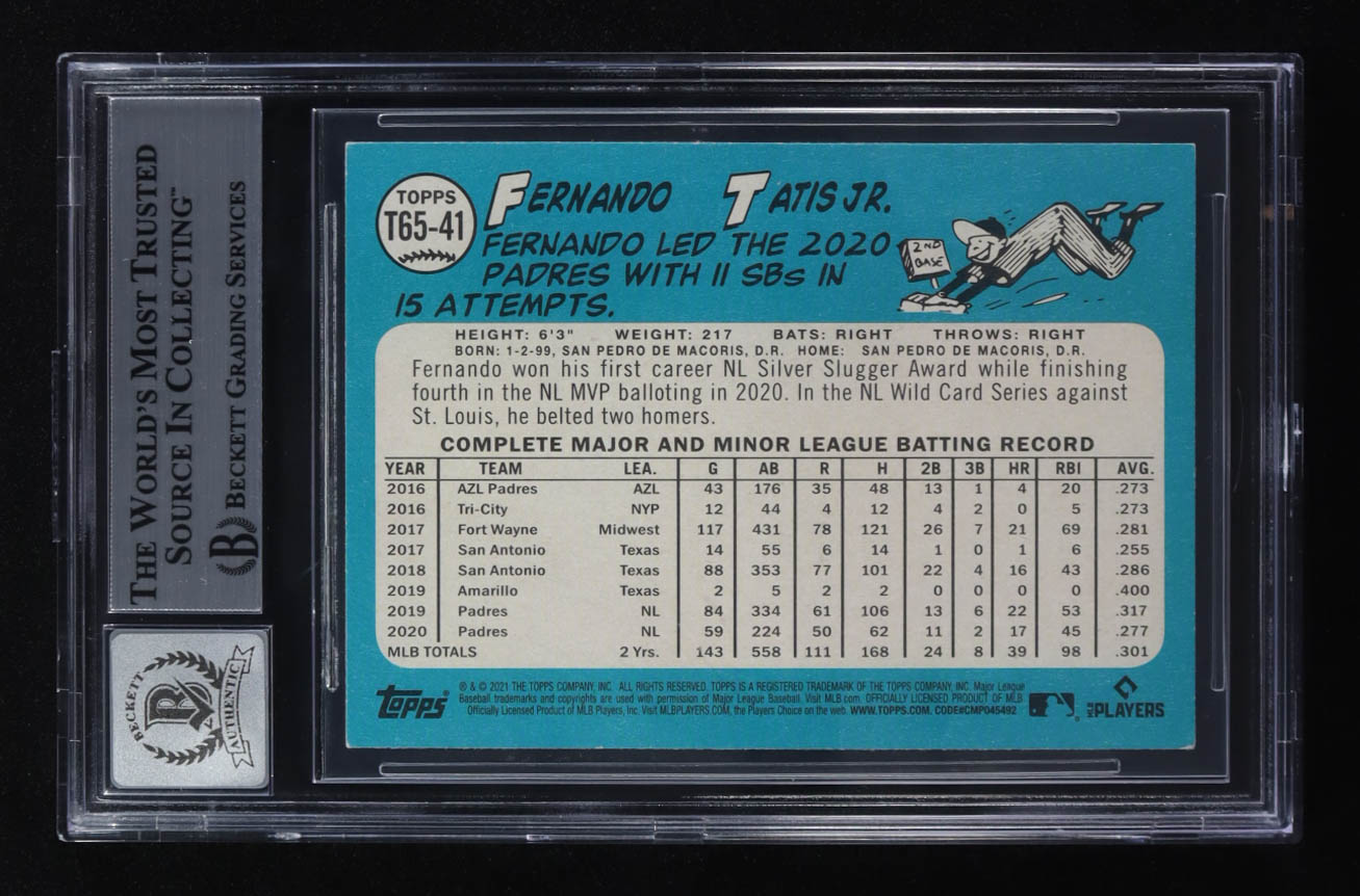 Fernando Tatis Jr. Signed 2021 Topps '65 Topps Redux #T6541 (Beckett | Auto Grade BGS 10) at PristineAuction.com Fernando Tatis Jr. Signed 2021 Topps '65 Topps Redux #T6541 (Beckett | Auto Grade BGS 10) at PristineAuction.com