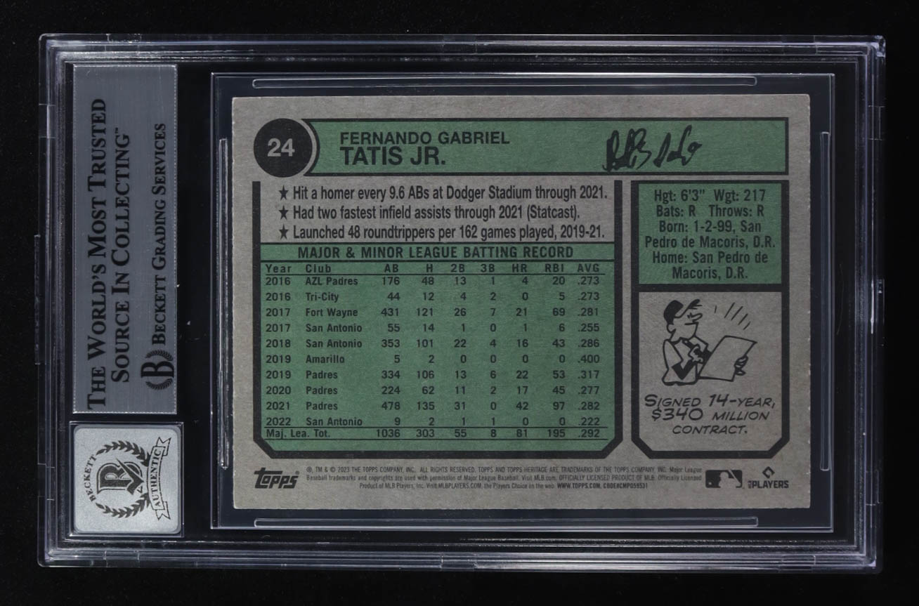 Fernando Tatis Jr. Signed 2023 Topps Heritage #24 (Beckett | Auto Grade BGS 10) at PristineAuction.com Fernando Tatis Jr. Signed 2023 Topps Heritage #24 (Beckett | Auto Grade BGS 10) at PristineAuction.com