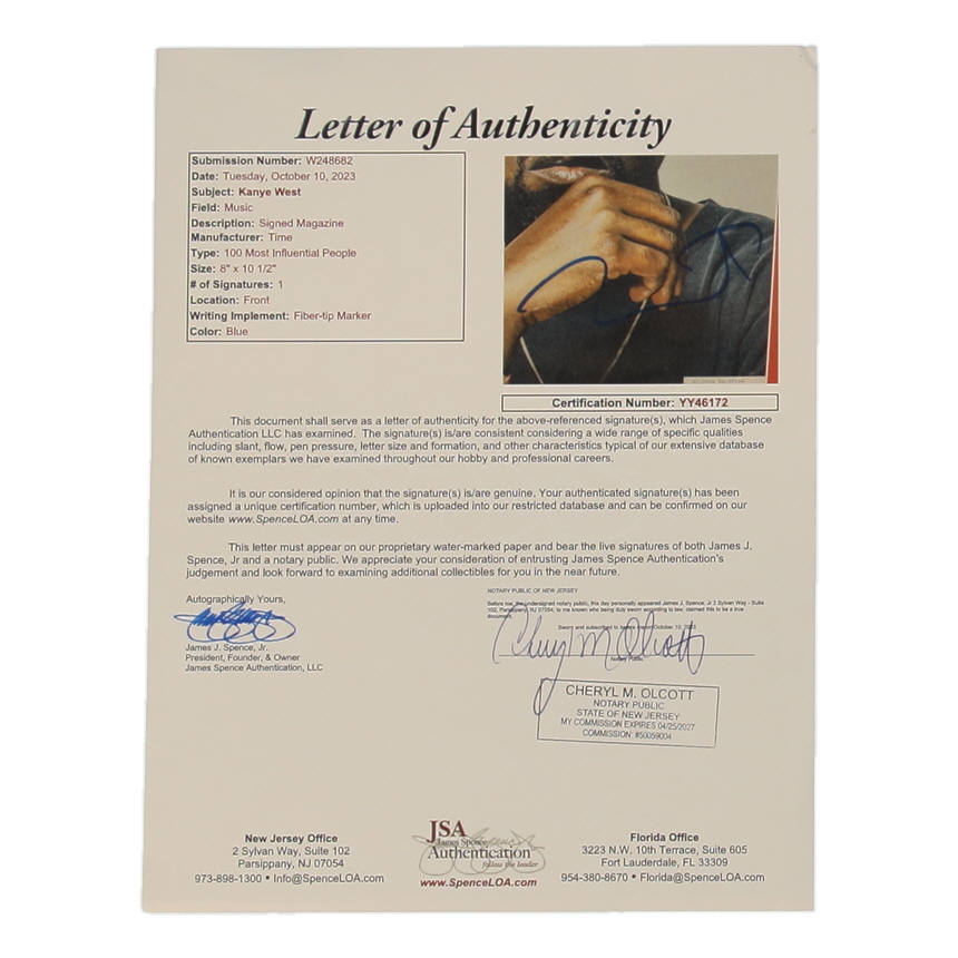 Kanye West Signed 2015 Time Magazine (JSA) at PristineAuction.com Kanye West Signed 2015 Time Magazine (JSA) at PristineAuction.com