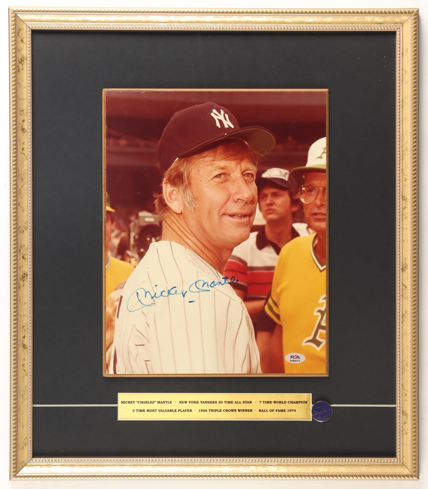 Mickey Mantle Signed Yankees Custom Framed Photo Display with Mantle Pin & Career Stat Plaque (PSA) at PristineAuction.com Mickey Mantle Signed Yankees Custom Framed Photo Display with Mantle Pin & Career Stat Plaque (PSA) at PristineAuction.com