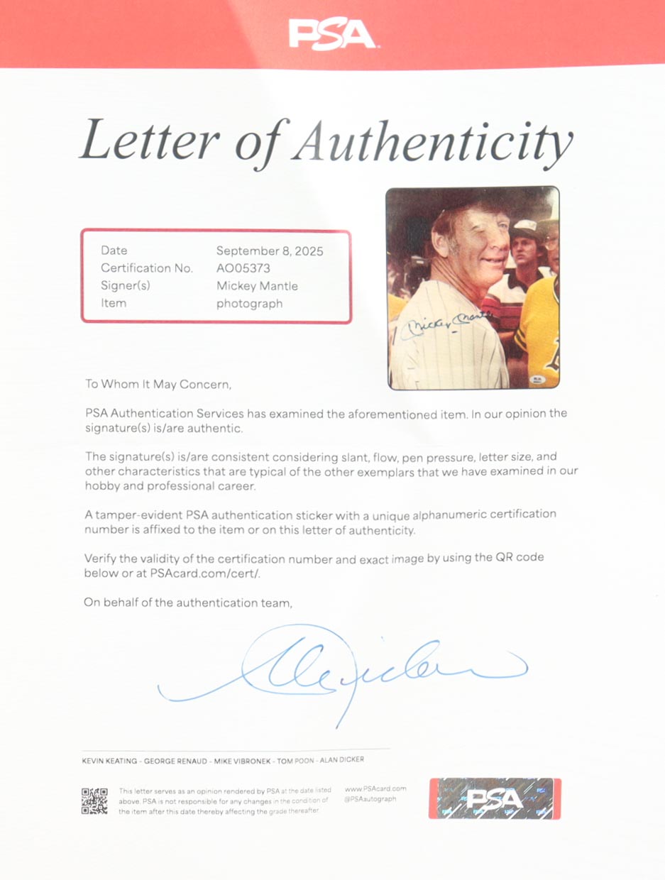 Mickey Mantle Signed Yankees Custom Framed Photo Display with Mantle Pin & Career Stat Plaque (PSA) at PristineAuction.com Mickey Mantle Signed Yankees Custom Framed Photo Display with Mantle Pin & Career Stat Plaque (PSA) at PristineAuction.com