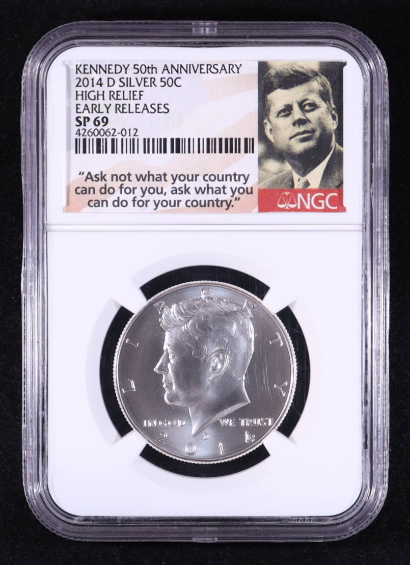 2014-D Kennedy Half Dollar, Early Releases 50th Anniversary - 90% Silver High Relief Specimen (NGC SP69) at PristineAuction.com 2014-D Kennedy Half Dollar, Early Releases 50th Anniversary - 90% Silver High Relief Specimen (NGC SP69) at PristineAuction.com