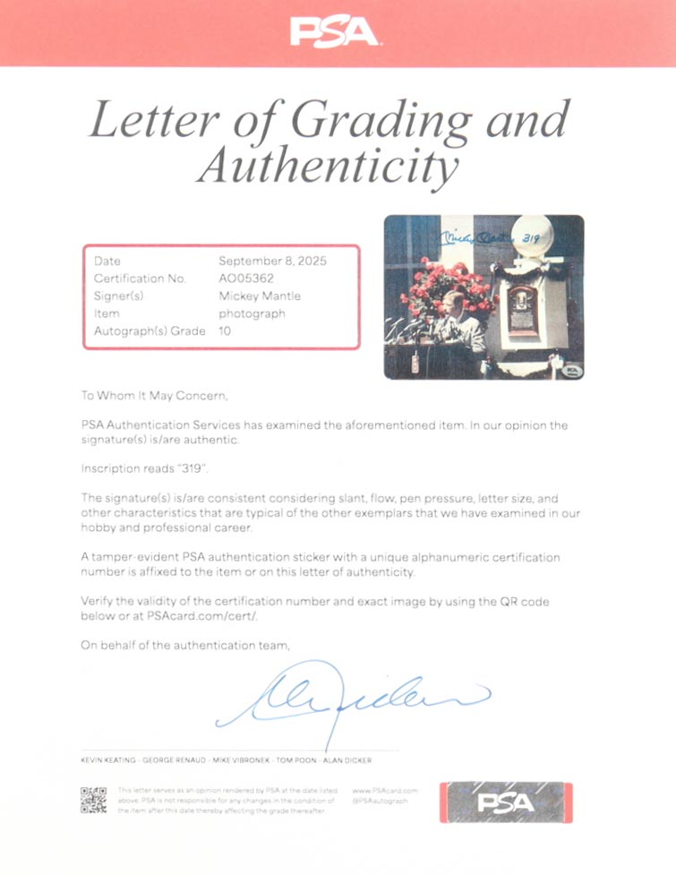 Mickey Mantle Signed Yankees Custom Framed Photo Display with HOF Pin Inscribed "319" (PSA Auto 10) at PristineAuction.com Mickey Mantle Signed Yankees Custom Framed Photo Display with HOF Pin Inscribed "319" (PSA Auto 10) at PristineAuction.com