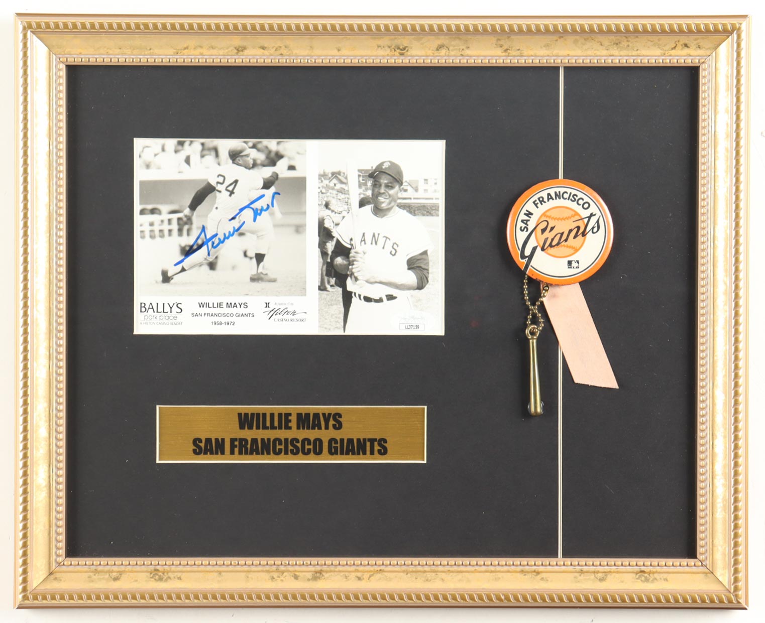 Willie Mays Signed Giants Custom Framed Photo Display with Hanging Ribbon & Title Plaque (JSA) at PristineAuction.com Willie Mays Signed Giants Custom Framed Photo Display with Hanging Ribbon & Title Plaque (JSA) at PristineAuction.com