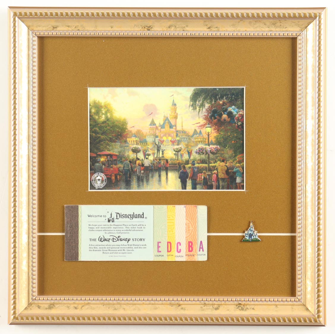 Thomas Kinkade "Sleeping Beaty's Castle" Custom Framed Print Display with Disneyland Castle Pin & Ticket Book at PristineAuction.com Thomas Kinkade "Sleeping Beaty's Castle" Custom Framed Print Display with Disneyland Castle Pin & Ticket Book at PristineAuction.com