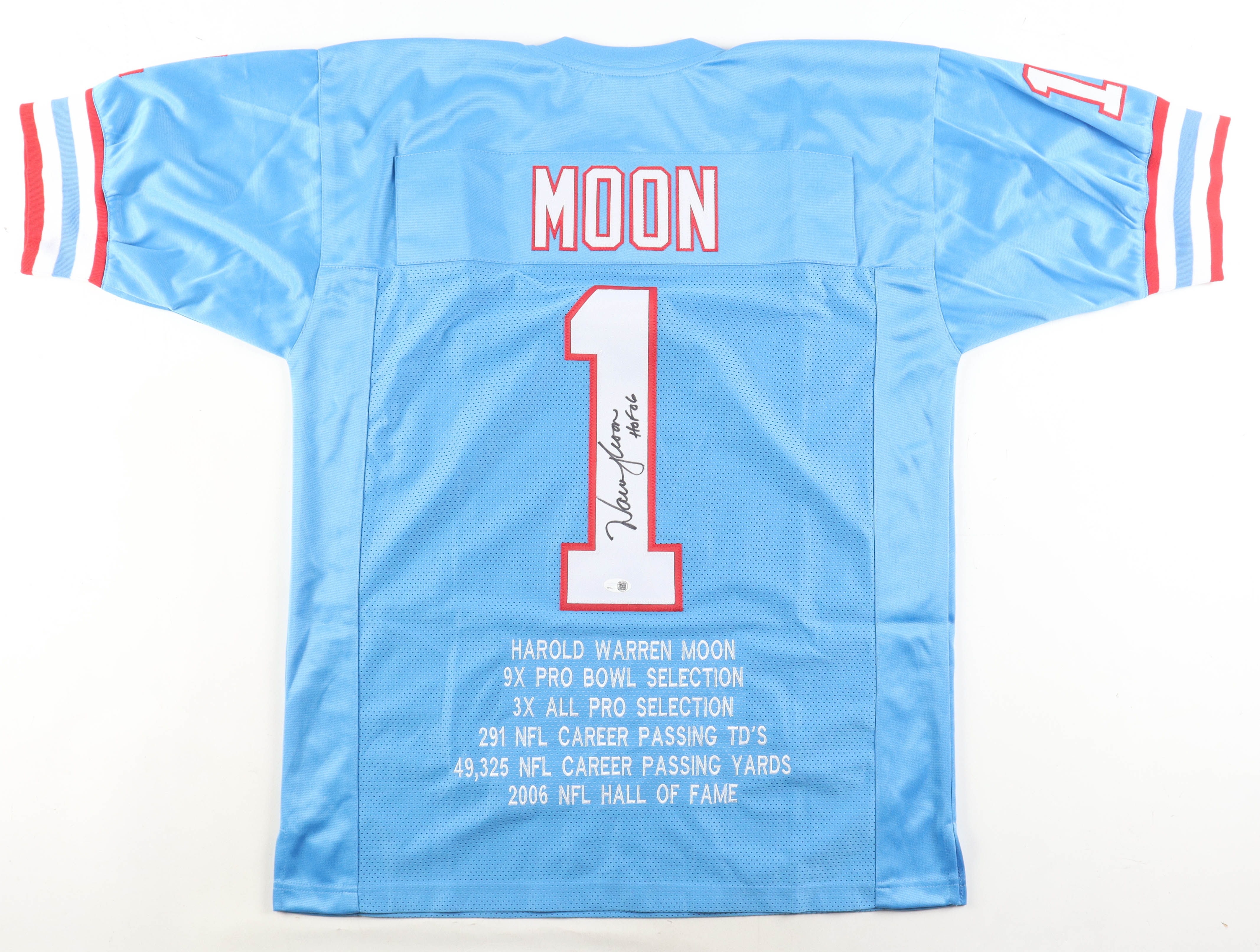 Warren Moon Signed Career Highlight Stats Jersey Inscribed "HOF 06" (JSA) at PristineAuction.com Warren Moon Signed Career Highlight Stats Jersey Inscribed "HOF 06" (JSA) at PristineAuction.com
