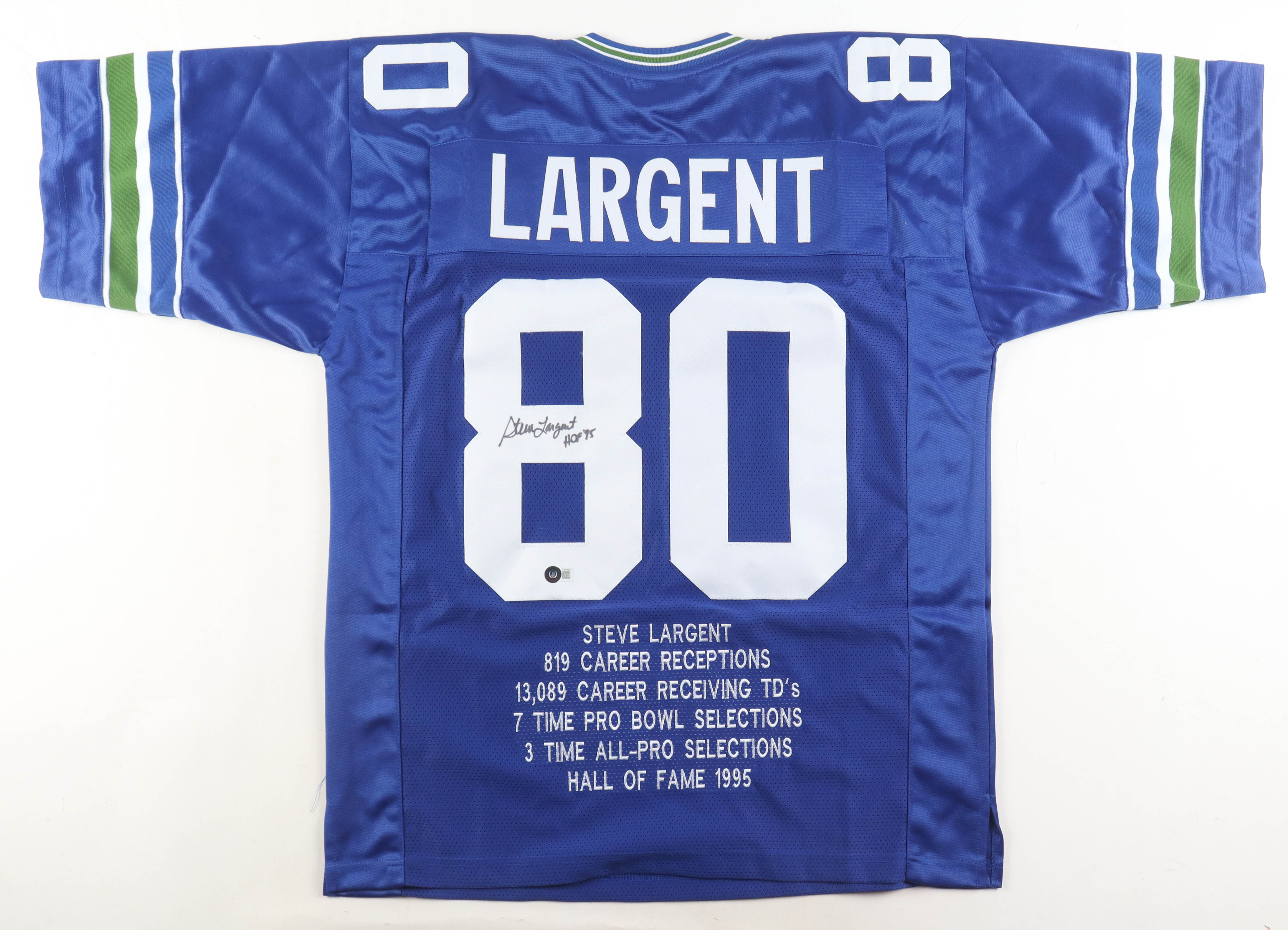 Steve Largent Signed Career Highlight Stat Jersey Inscribed "HOF 95" (Beckett) at PristineAuction.com Steve Largent Signed Career Highlight Stat Jersey Inscribed "HOF 95" (Beckett) at PristineAuction.com