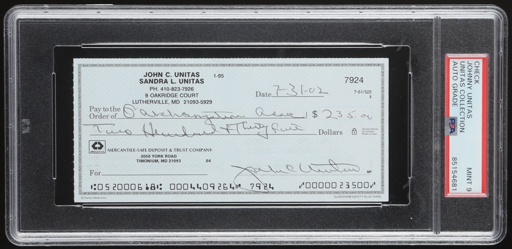 Johnny Unitas Signed 2002 Personal Check (PSA | Autograph Graded 9) at PristineAuction.com Johnny Unitas Signed 2002 Personal Check (PSA | Autograph Graded 9) at PristineAuction.com